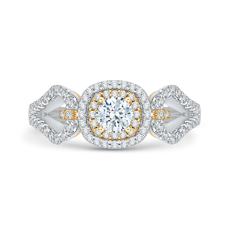 bridal set engagement rings-14K Two Tone Gold Round Diamond Double Halo Engagement Ring With Split Shank