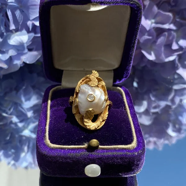 beautiful rings for women-Art Nouveau Baroque Pearl & Diamond Ring