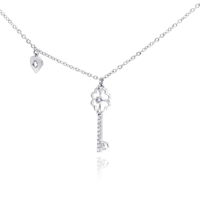 gold necklaces for women-Silver 925 Rhodium Plated Clear CZ Key Pendant Necklace - STP01055