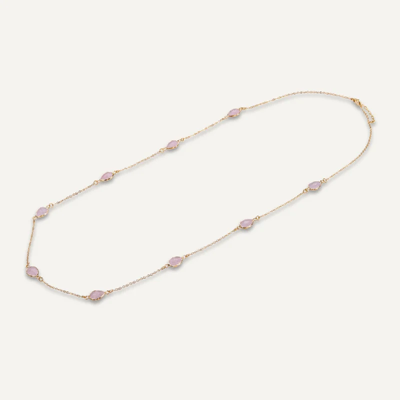 affordable fashion necklaces for women-Long Rose Quartz Multi Crystal Necklace In Gold-Tone