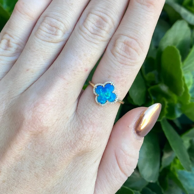 contemporary rings for women-Clover Inspired Opal Ring with Diamond Halo