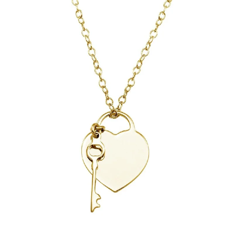 affordable fashion necklaces for women-Gold Plated 925 Sterling Silver Heart With Key Necklace - DIN00105GP