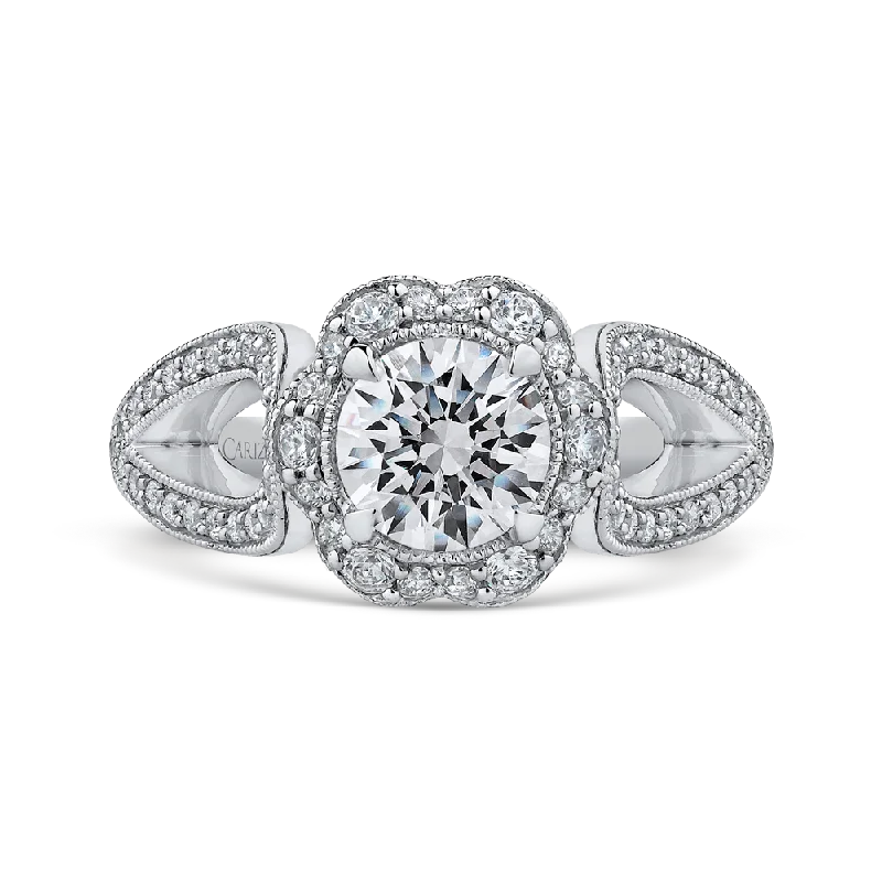 engagement rings with a twist-14K White Gold Round Diamond Floral Halo Engagement Ring with Split Shank (Semi Mount)