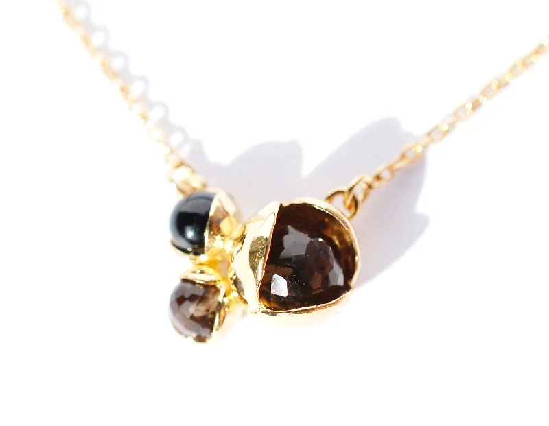 dainty chain necklaces for women-Bud Floret Triple Necklace Smokey Quartz & Black Onyx