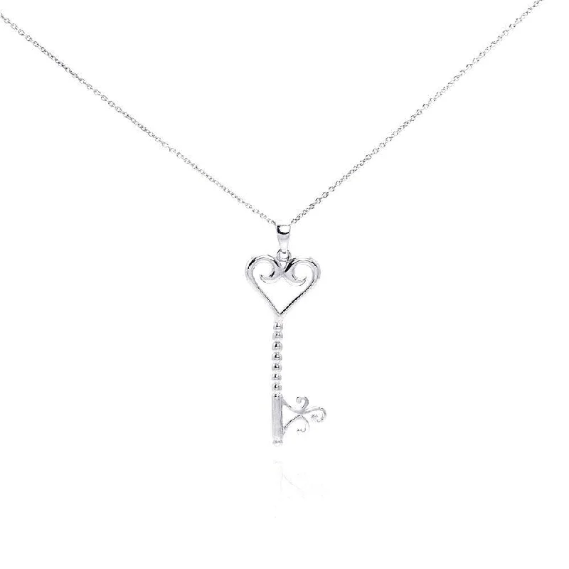 dainty chain necklaces for women-Silver 925 Rhodium Plated Clear CZ Key Heart Pendant Necklace - STP00996