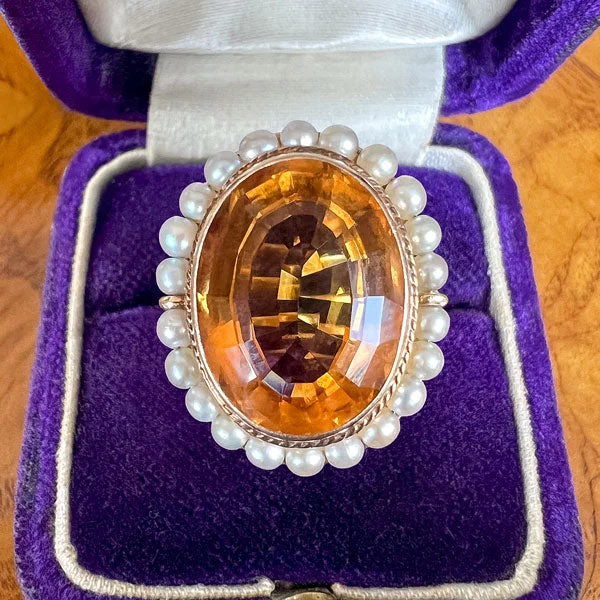 high-end rings for women-Retro Citrine & Pearl Ring