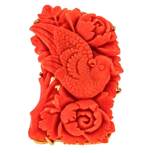 men's rings for women-Vintage Carved Coral Ring