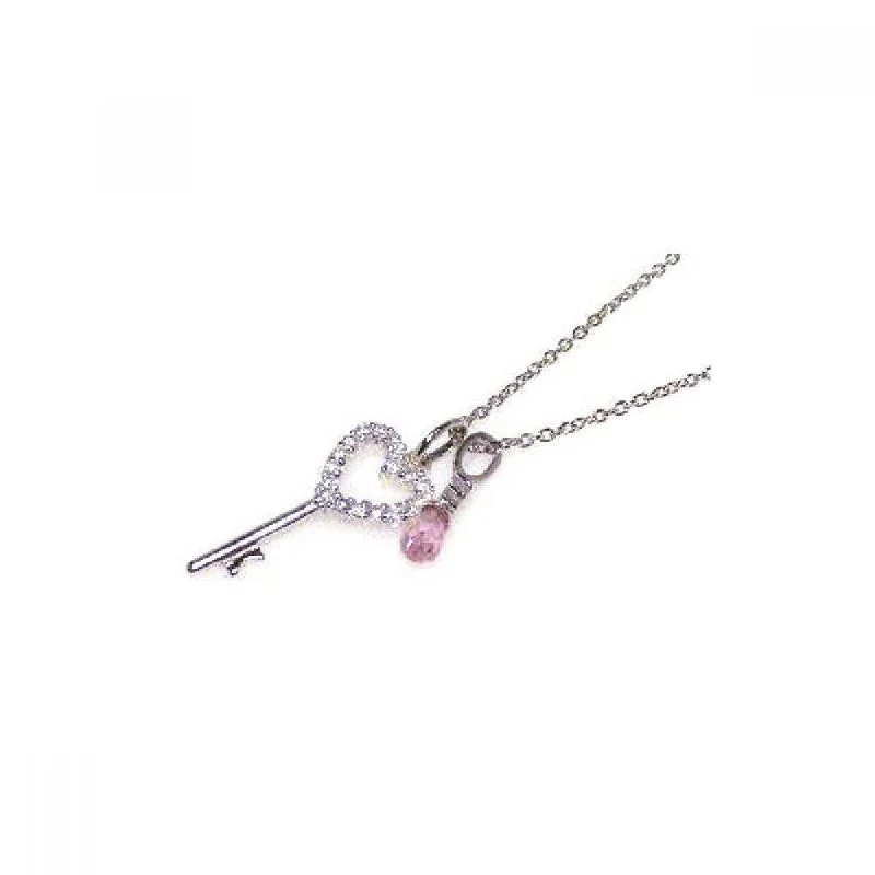 engraved necklaces for women-Silver 925 Clear Pink CZ Rhodium Plated Heart Key Pendant Necklace - STP00311