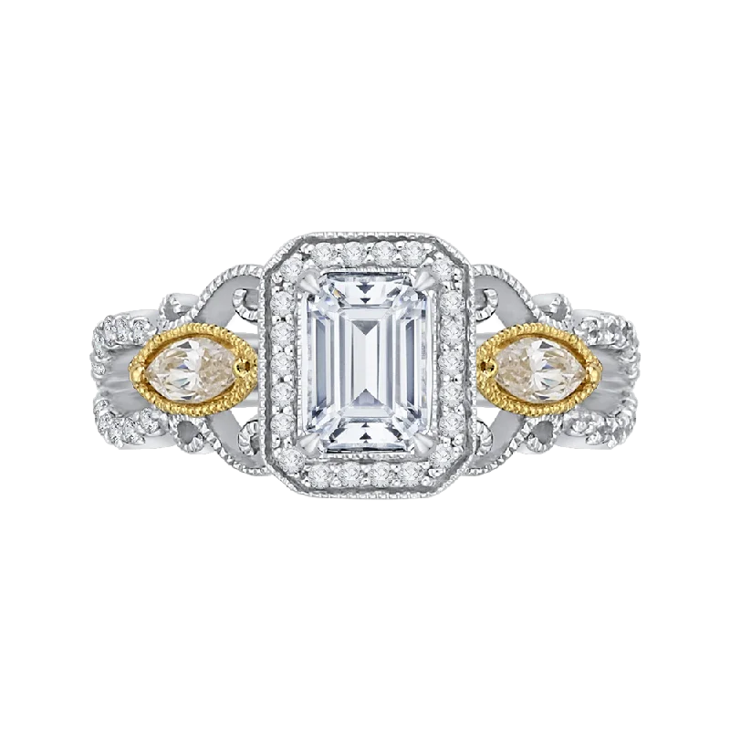 heirloom engagement rings-14K Two Tone Gold Emerald Cut Diamond Halo Engagement Ring (Semi Mount)