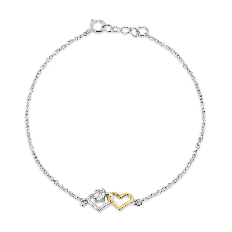 white gold necklaces for women-925 Sterling Silver Rhodium and Gold Plated Heart Clear CZ Bracelet- BGB00386