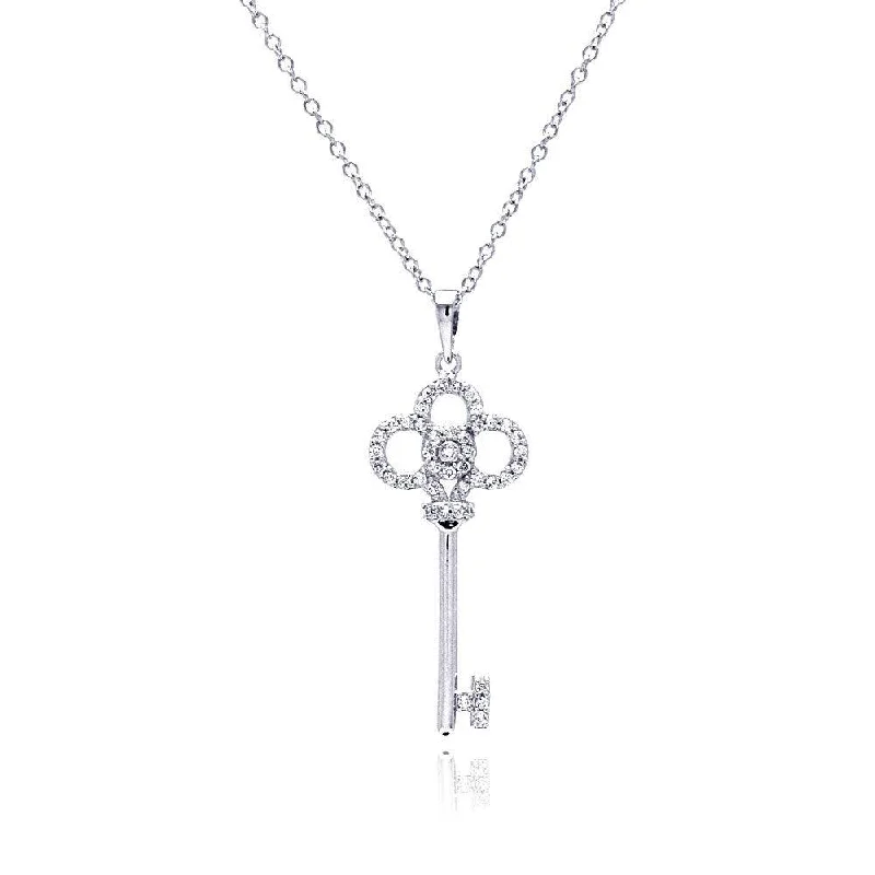 minimalistic pendant necklaces for women-Silver 925 Rhodium Plated Clear CZ Key Pendant Necklace - BGP00374