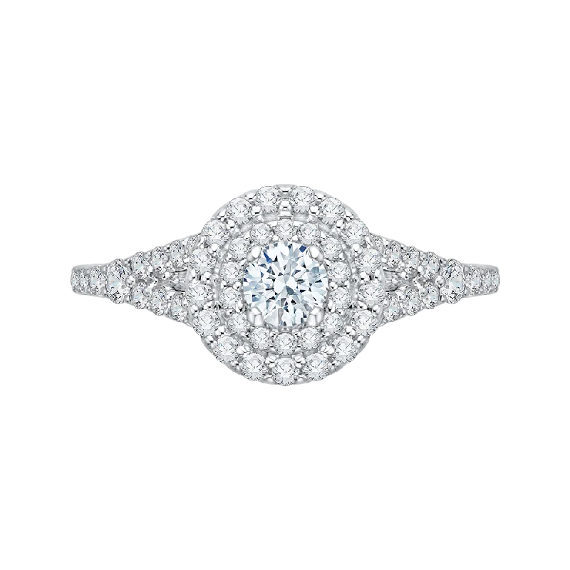 heirloom engagement rings-Round Cut Double Halo Diamond Engagement Ring In 14K White Gold with Split Shank