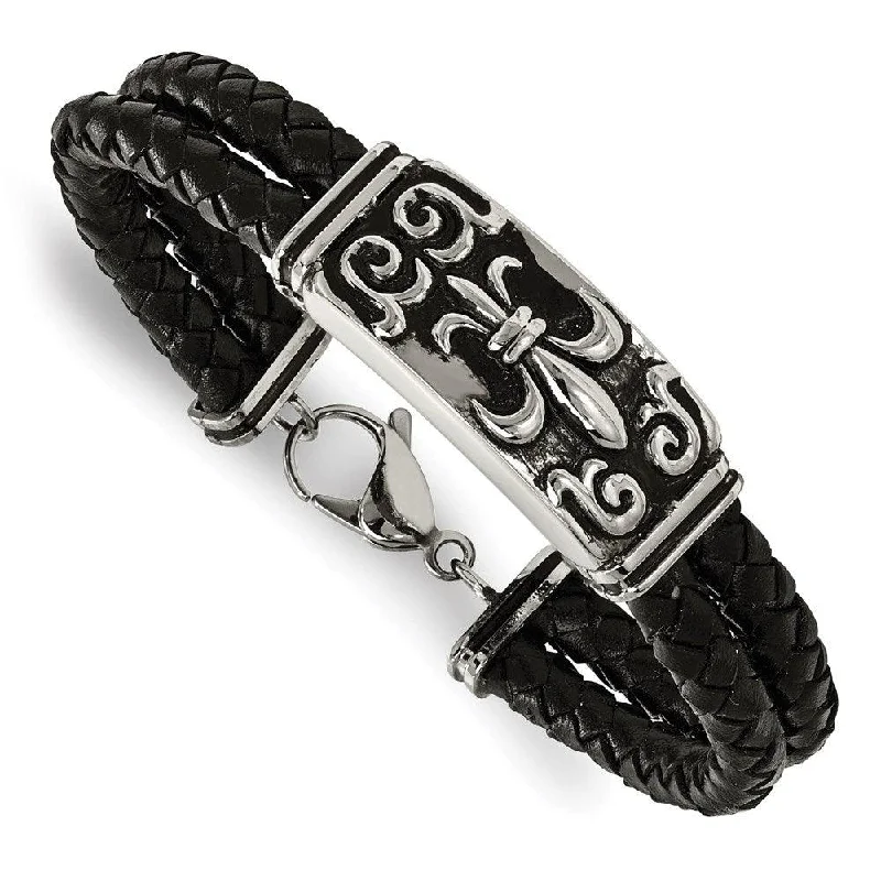 diamond cuff bracelets for women-diamond cuff bracelets for women-Stainless Steel Polished Antiqued Fleur De Lis Black Leather Bracelet