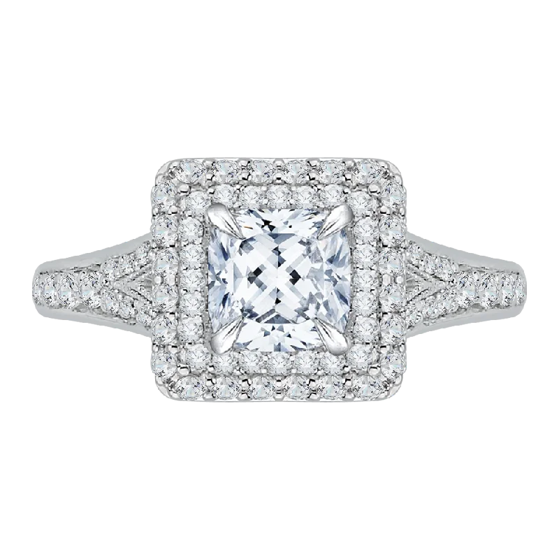 engagement rings with matching bands-14K White Gold Cushion Diamond Double Halo Engagement Ring with Split Shank (Semi Mount)