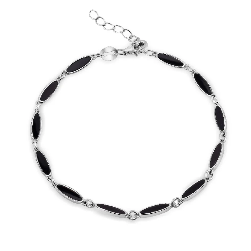 stylish necklaces for women-Rhodium Plated 925 Sterling Silver Onyx Cat's Eye Link Bracelet - BGB00389