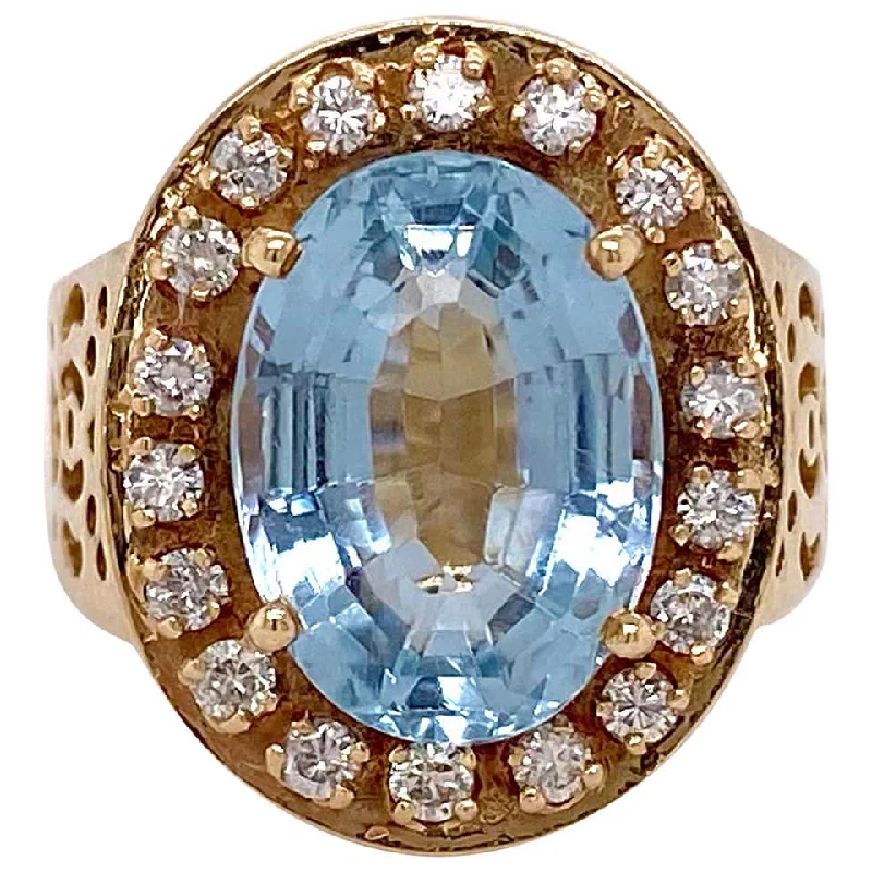 designer rings for women-Aquamarine Diamond Halo Ring with Filigree Design