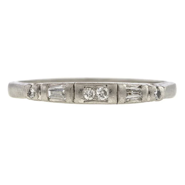 romantic promise rings for women-Vintage Baguette & Round Diamond Wedding Band, Platinum