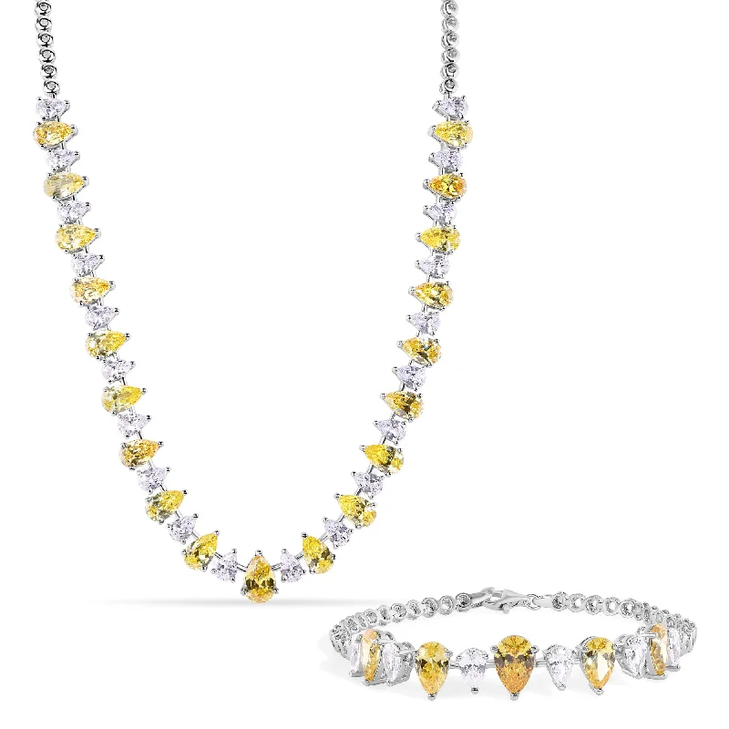 affordable necklaces for women-Rhodium Plated 925 Sterling Silver Clear and Citrine Pear Cut CZ 8.8mm Necklace and Bracelet Set - GMS00031