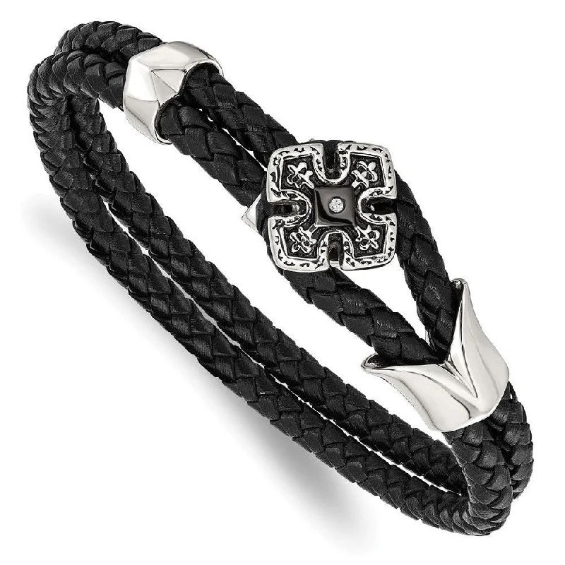 bangles for women-bangles for women-Stainless Steel Polished Black IP Braided Black Leather CZ Bracelet