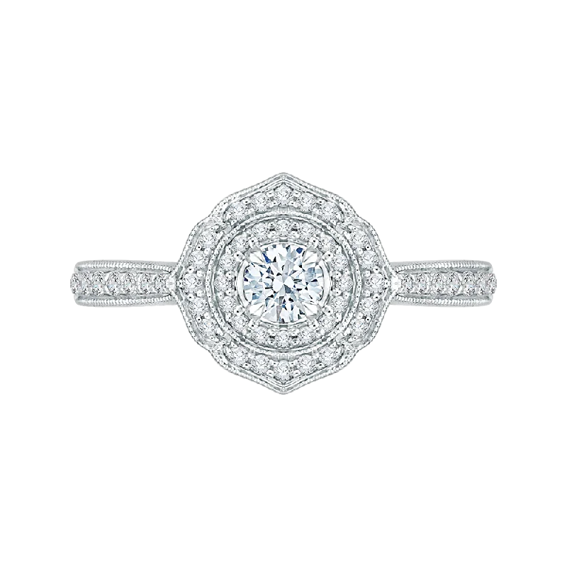 engagement rings with matching bands-14K White Gold Round Diamond Double Halo Floral Engagement Ring