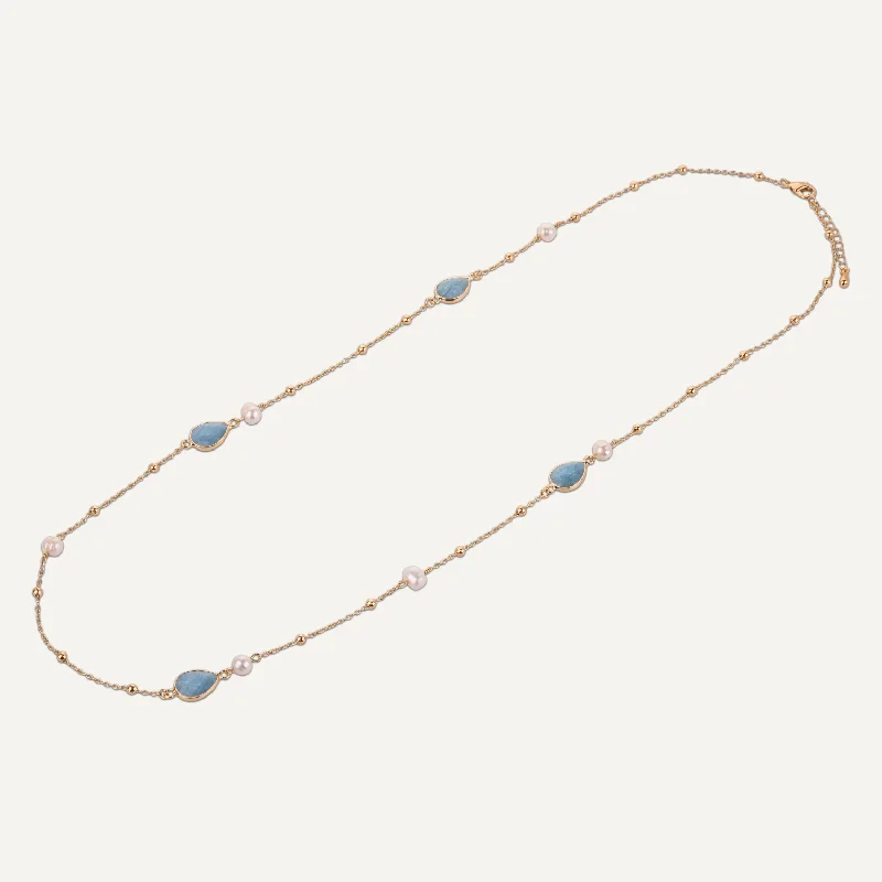 diamond necklaces for women-Long Cerulean & Pearl Crystal Stone Necklace In Gold-Tone