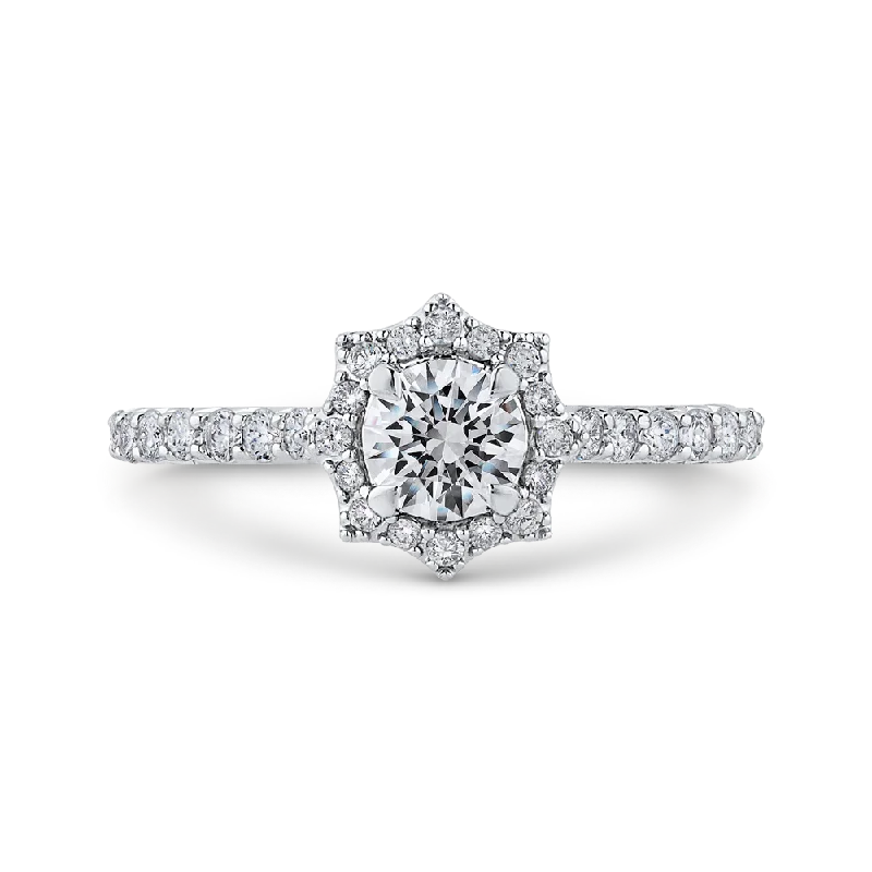 matching engagement rings-14K White Gold Round Diamond Floral Halo Engagement Ring