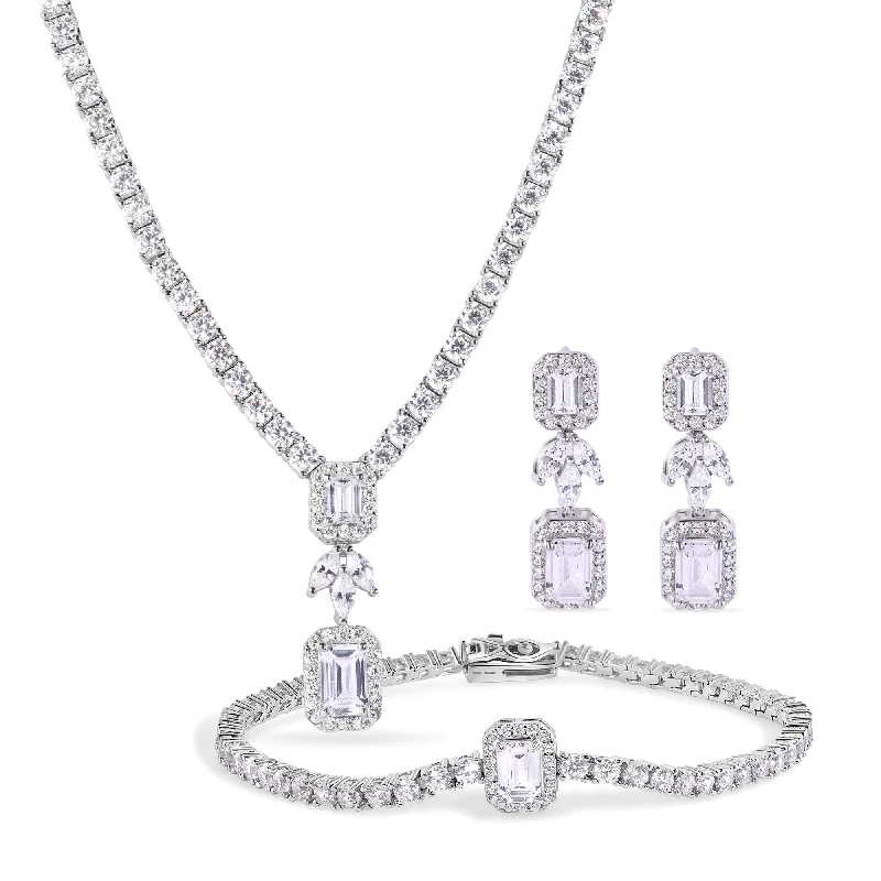 initial necklaces for women-Rhodium Plated 925 Sterling Silver Baguette Center Stone Clear CZ Tennis 2.6mm Necklace Bracelet and Dangling Earring Set - GMS00030