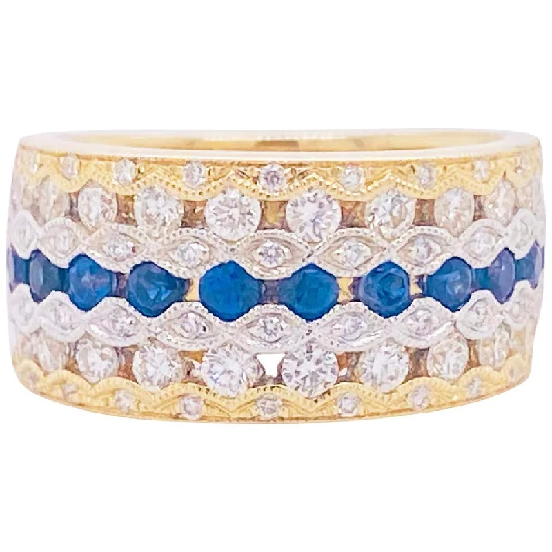 engagement rings with gemstones-Blue Sapphire & Diamond Cigar Band