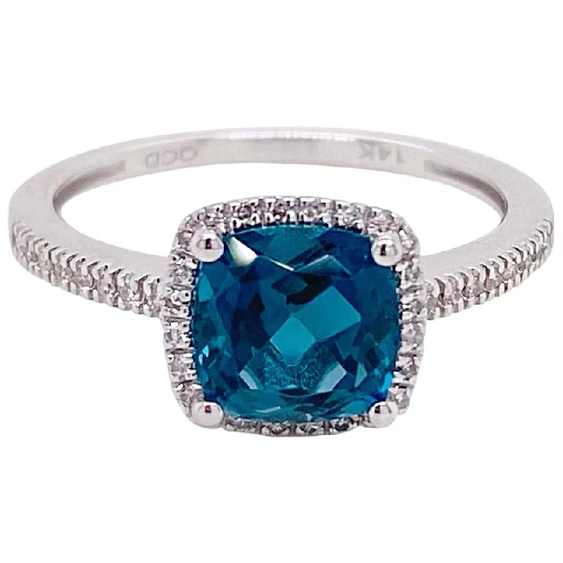 emerald-cut engagement rings for women-Cushion London Blue Topaz Diamond Halo Ring