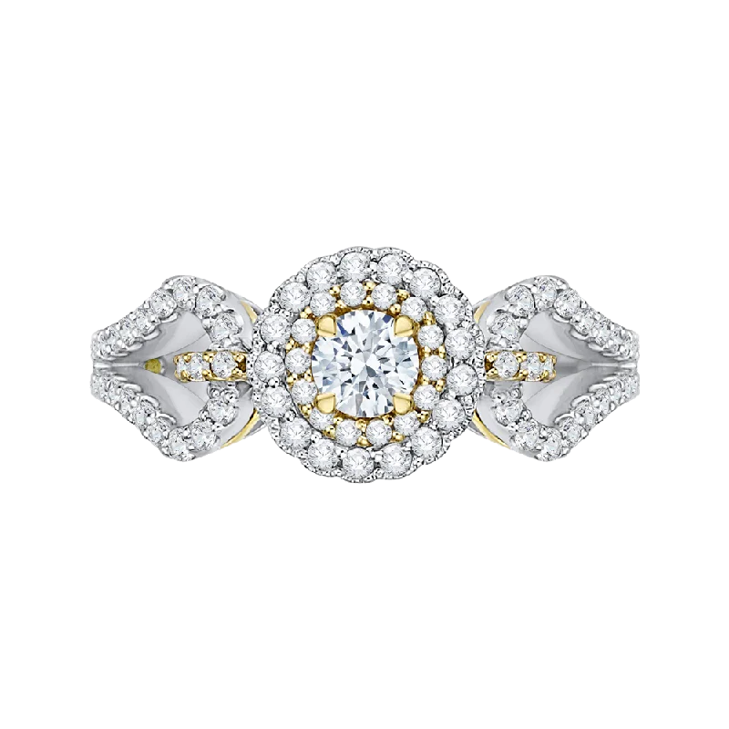 classic diamond engagement rings-14K Two Tone Gold Round Diamond Double Halo Engagement Ring