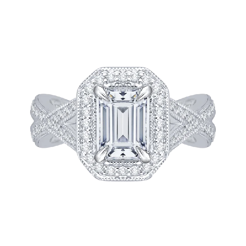 custom-made engagement rings-14K White Gold Emerald Cut Diamond Halo Engagement Ring with Split Shank (Semi Mount)