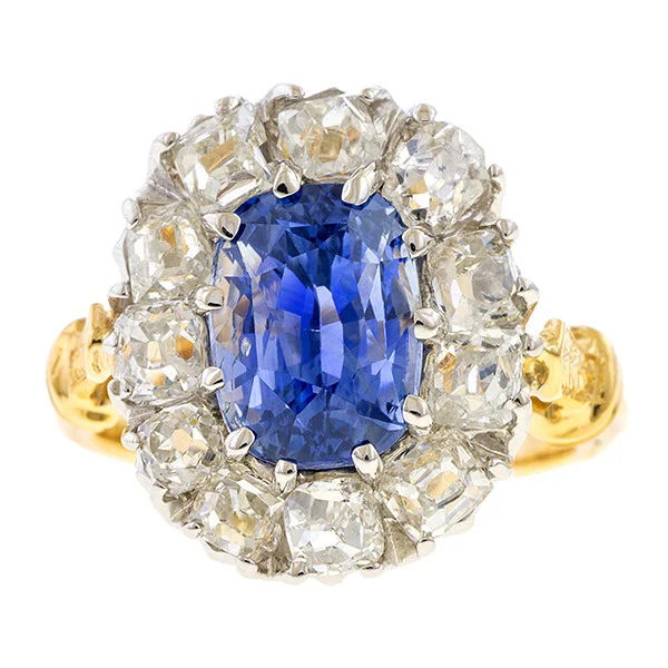 engagement rings with diamonds-Antique Sapphire (No Heat) & Diamond Ring, Cushion 4.10ct.