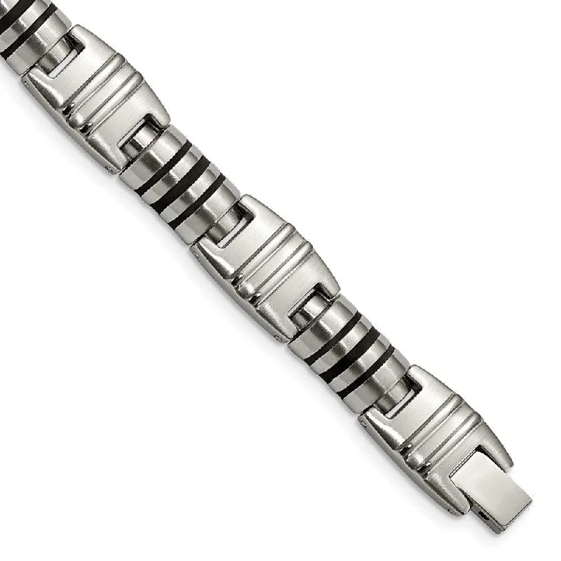 luxury bracelets for women-luxury bracelets for women-Stainless Steel Brushed and Polished Black Enamel Link Bracelet