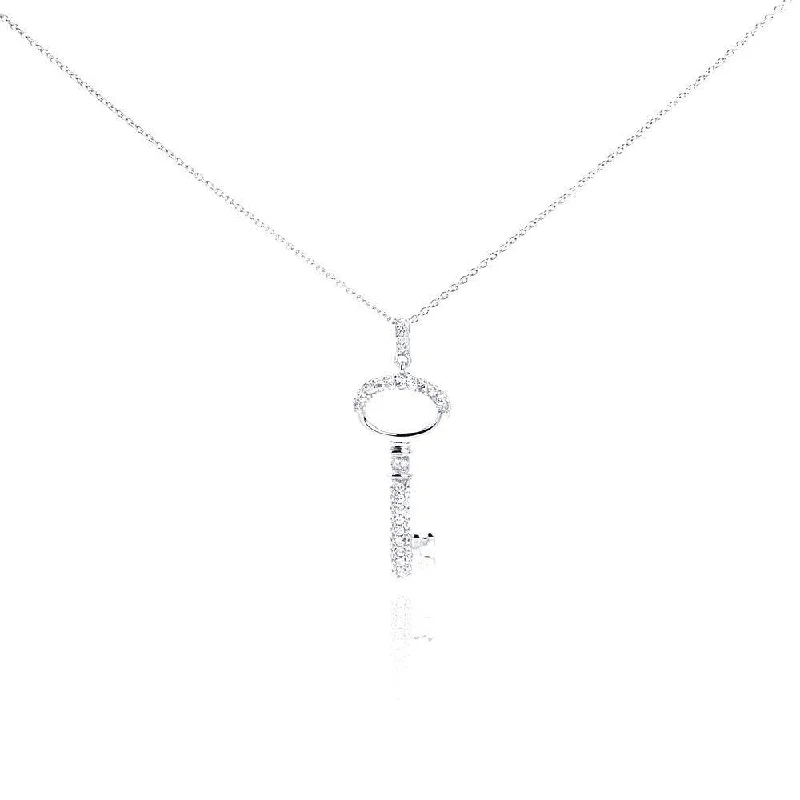 minimalist gold necklaces for women-Silver 925 Rhodium Plated Clear CZ Key Pendant Necklace - STP01001