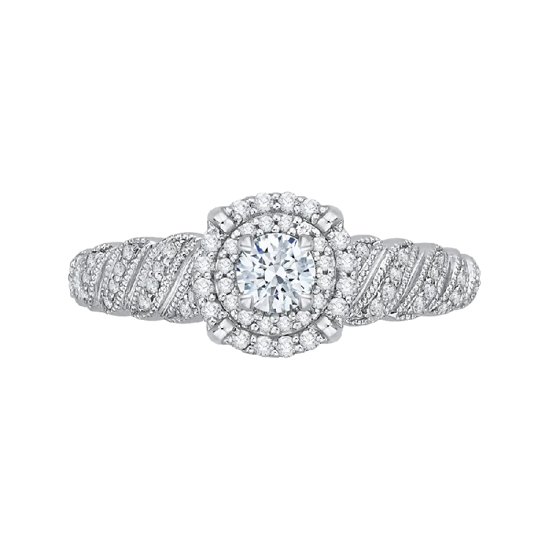 simple engagement rings-14K White Gold Round Diamond Double Halo Floral Engagement Ring