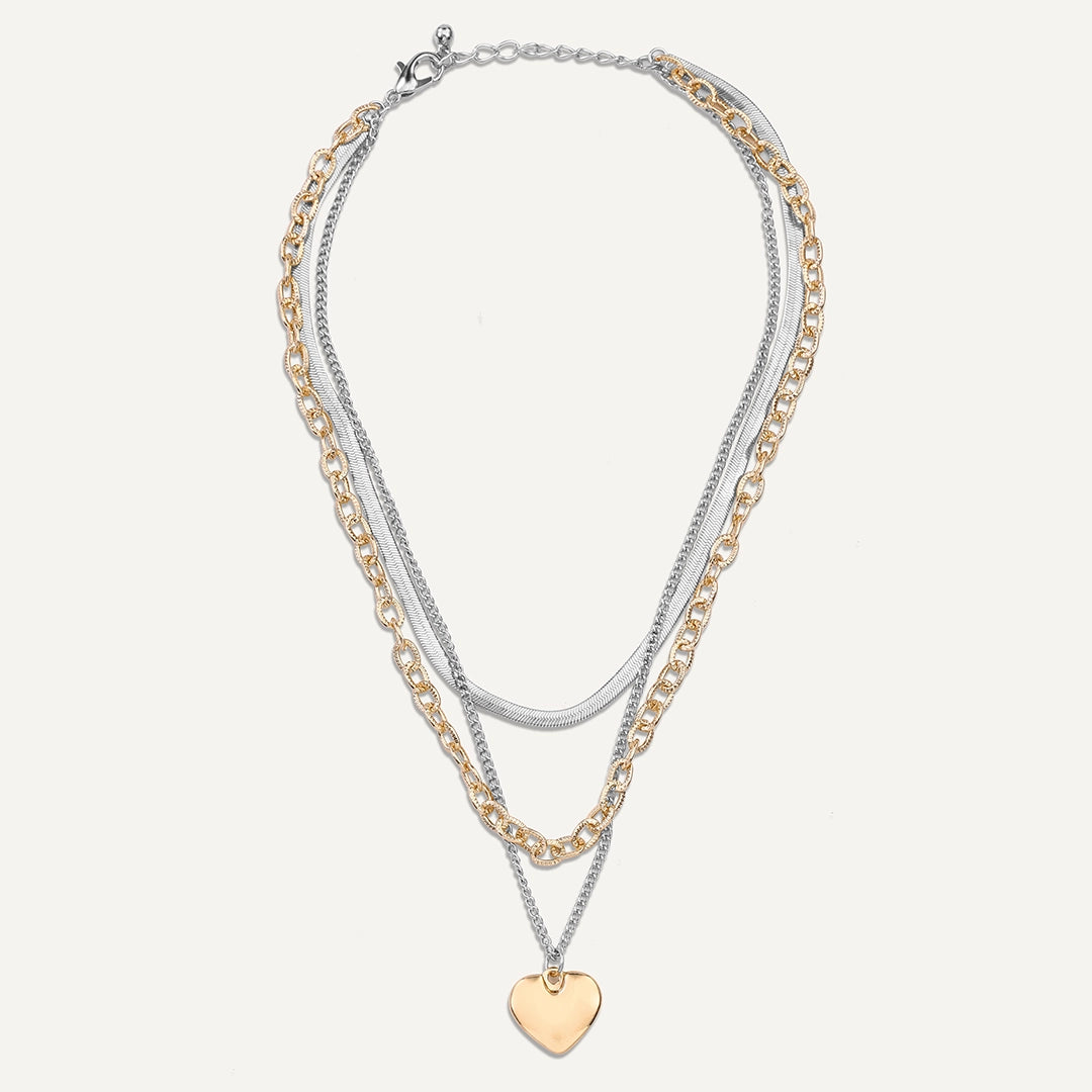 casual necklaces for women-Mixed Metal Layered Heart Necklace In Gold & Silver-Tone