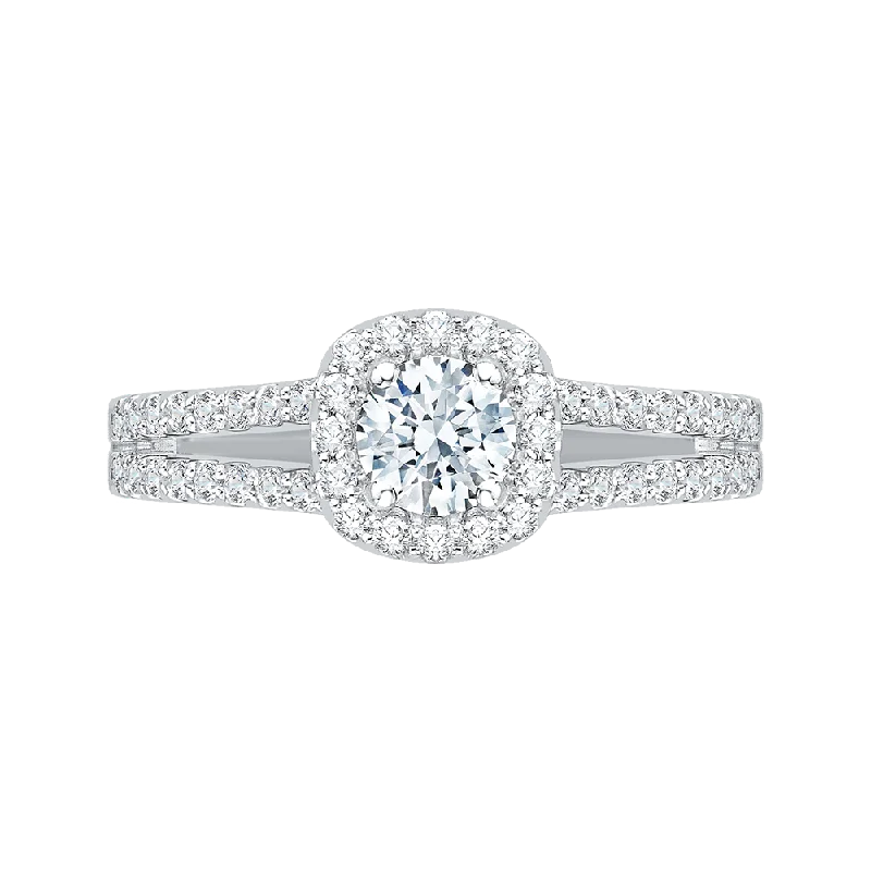 modern engagement rings-14K White Gold Split Shank Round Diamond Halo Engagement Ring