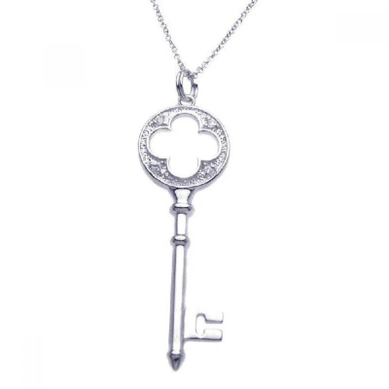 summer necklaces for women-Sterling Silver Rhodium Plated Clear CZ Clover Key Pendant Necklace - STP00970