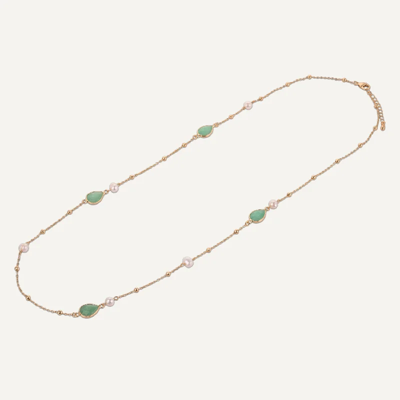 statement chain necklaces for women-Long Chrysoprase & Pearl Crystal Stone Necklace In Gold-Tone