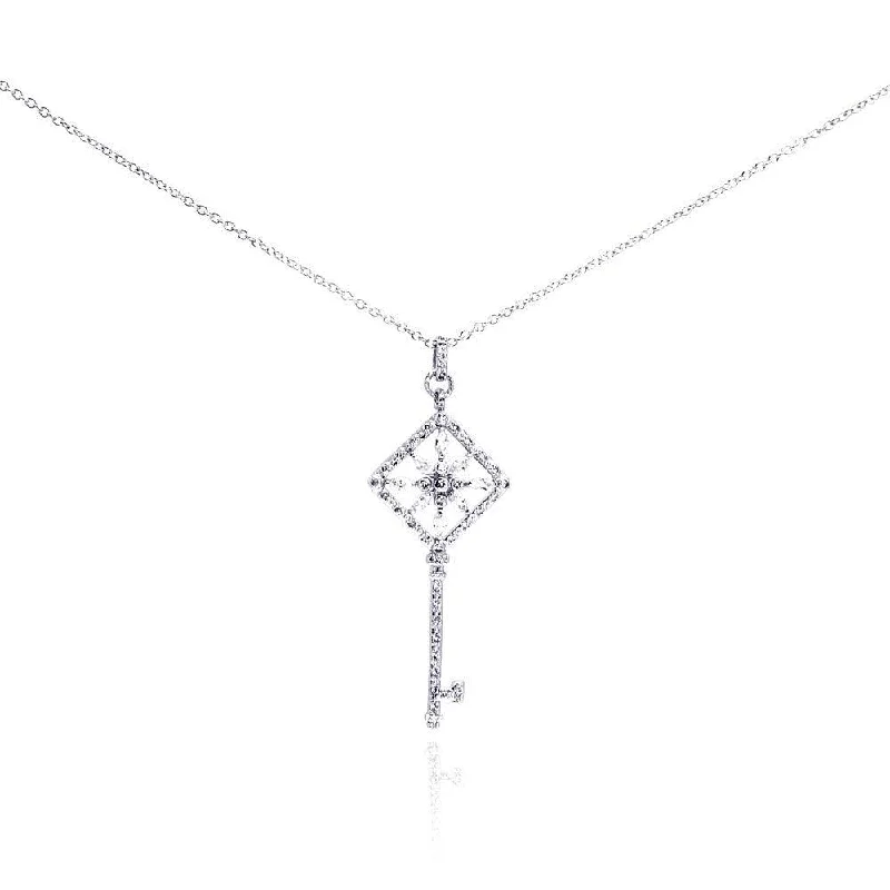 custom necklaces for women-Silver 925 Rhodium Plated Square Open Key Filigree CZ Necklace - BGP00273