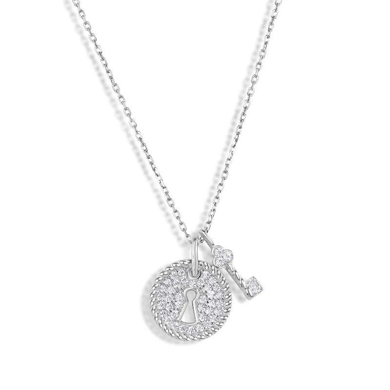 classic silver necklaces for women-Rhodium Plated 925 Sterling Silver Lock and Key Necklace - GMN00184