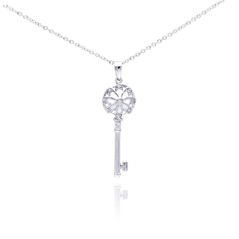 bohemian necklaces for women-Silver 925 Rhodium Plated Key CZ Necklace - BGP00289