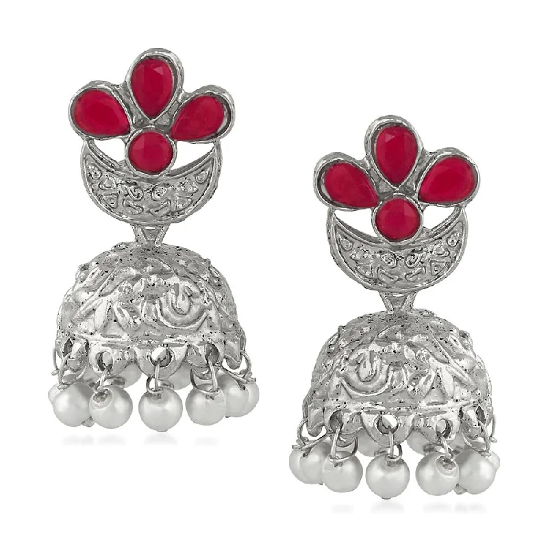 Mahi Red Kundan Traditional Ethnic Floral Jhumki Earring for Women(VECJ100231)