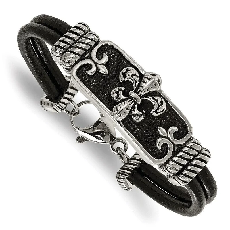 simple bracelets for women-simple bracelets for women-Stainless Steel Polished Antiqued Fleur De Lis Black Leather Bracelet