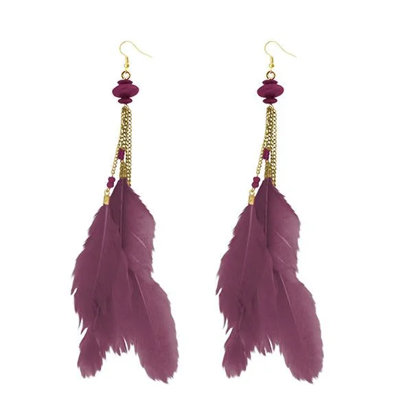 Jeweljunk Gold Plated Maroon Feather Earrings - 1310971B