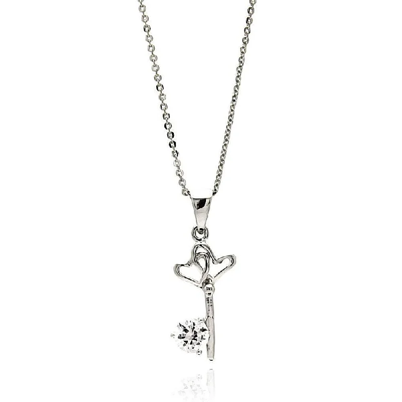 unique chain necklaces for women-Silver 925 Rhodium Plated Open Heart Key CZ Necklace - BGP00612