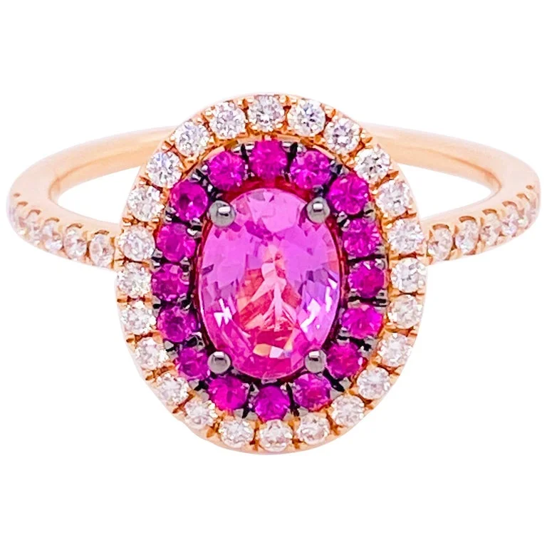 wedding ring sets for brides-Oval Pink Sapphire Diamond Halo Ring