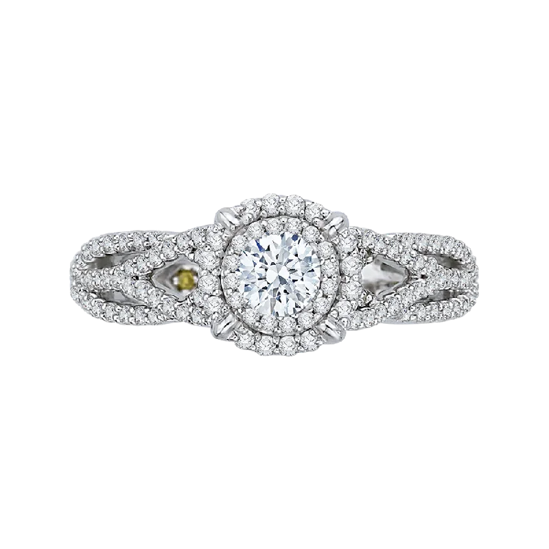 round-cut engagement rings-Round Diamond Halo Engagement Ring with Split Shank In 14K White Gold