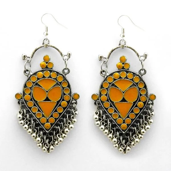 Jeweljunk Yellow Meenakari Rhodium Plated Afghani Earrings - 1312413A