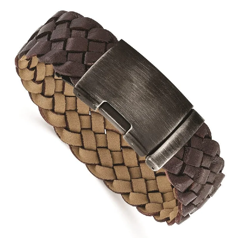 diamond bangles for women-diamond bangles for women-Stainless Steel Antiqued and Brushed Brown Braided Leather 9in Bracelet